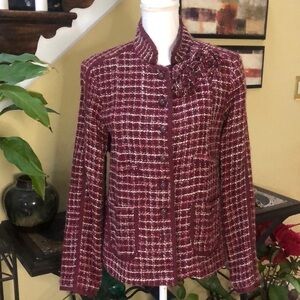 Ann Carson Women’s Silk Woven Burgundy Plaid Button Up Career Blazer Size Large
